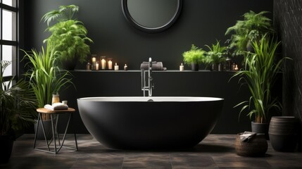 A black bathtub with a mirror above it and a potted plant next to it