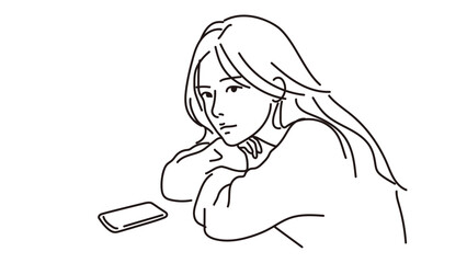 スマホの前で物思いにふける女性の線画