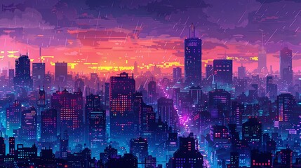 Obraz premium Pixelated Cityscape at Sunset with Rain; Vibrant Neon Hues