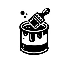 Paint Can and Brush Icon: Black and white line art illustration of a paint can with a paintbrush dipped in the paint. Perfect for DIY projects, art supplies, and home improvement. 