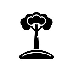 Simple Tree Icon: A minimalist black and white illustration of a single tree on a small hill, perfect for nature, ecology, or growth concepts. 