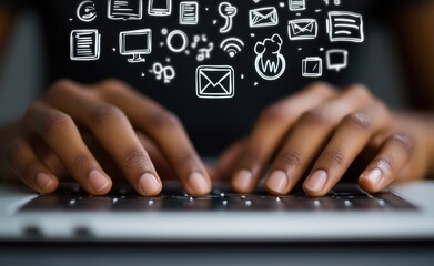 Obraz premium Hands Typing on Keyboard with Social Media and Communication Icons