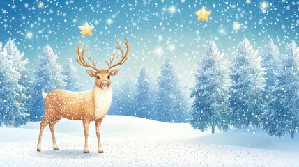 Snowy Landscape with Deer and Stars in Winter Wonderland