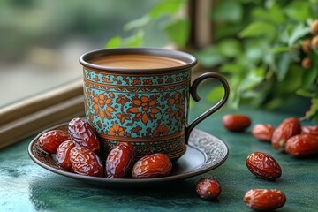 Turkish metal coffee cup with lid and saucer with dates in the dark on green emerald background. Concept of Islamic holiday Ramadan, Muslim Eid al-Adha