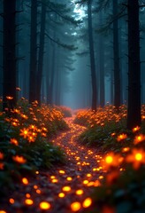 Fototapeta premium Magical Forest Pathway Illuminated by Luminous Flowers: A Journey Through an Enchanted Woodland with Bioluminescent Petals Emitting Warm Orange Light 