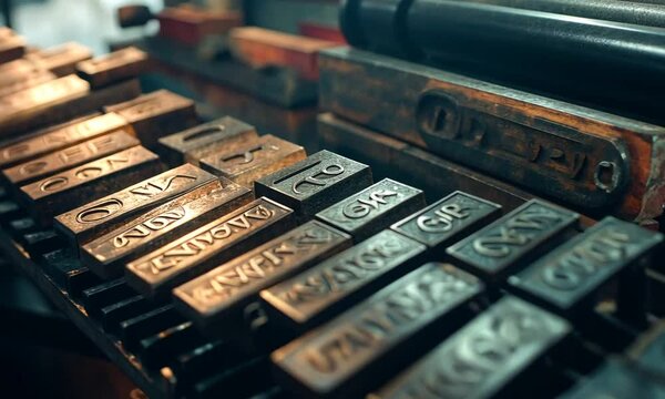 A close-up of metal type blocks used for printing.