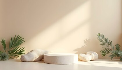 Podio minimalista para productos con piedra y espacio para promociones