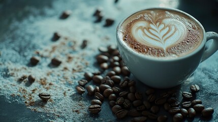 Elegant Latte Art in White Coffee Cup Surrounded by Beans