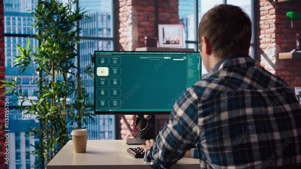 Poster man in home office using generative artificial intelligence website generating videos using diffusio