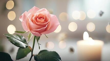 Fototapeta premium Valentine rose idea. Elegant pink rose illuminated by soft candlelight, creating a romantic atmosphere.