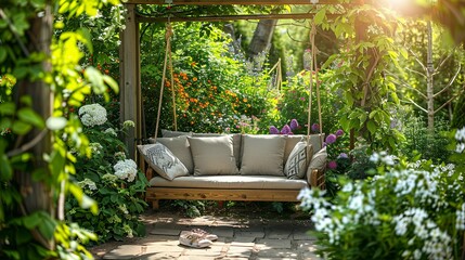 Serene Garden Swing Seat Amidst Blooming Flowers and Lush Greenery