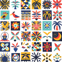 Colorful Pattern Design with Florals and Geometric Shapes