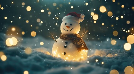 Obraz premium Charming Snowman with Santa Hat Surrounded by Glittering Lights