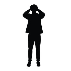 Silhouette pose of a man with both hands holding his head due to a headache