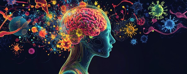 Naklejka premium A human silhouette with brain health represented by colorful microorganisms