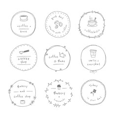Cute coffee doodle badge design element set
