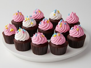 A platter of colorful cupcakes with swirled frosting and sprinkles, perfect for celebrations.