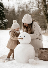 Photo of a happy family building a snowman in a winter park. Mother and daughter