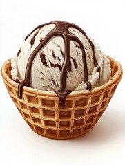 A delicious scoop of vanilla ice cream with chocolate drizzle in a waffle cone.