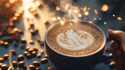 Steaming Coffee Cup with Intricate Latte Art