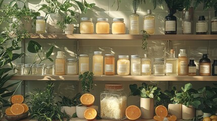 Fototapeta premium Natural shelves with skincare products and citrus decor