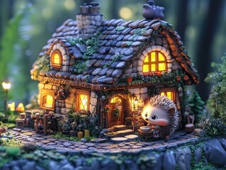 Fototapeta premium Charming Hedgehog House in Enchanted Forest