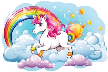 Fototapeta premium Vector cartoon cute unicorn with rainbow mane on white background. Children's illustration. Magic. Wonderland. 