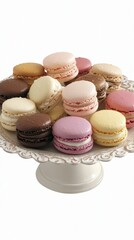 Obraz premium A decorative display of colorful macarons arranged on a cake stand.