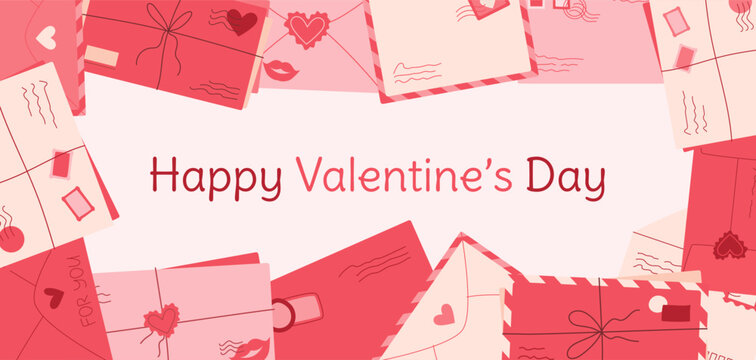 Modern style romantic letter valentine concept, creative craft envelope with heart and lips background, happy valentine's day cute postcard flyer, flat love mail banner, cartoon post card poster.