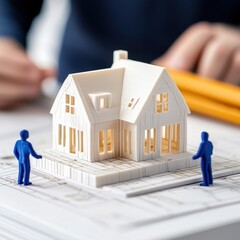Creativity Startup Expansion concept. Model house with figures discussing architecture and design plans.