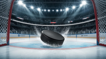Action Shot of Hockey Puck in Goal Net with Copy-Space