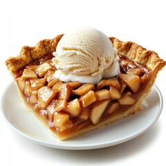 A slice of apple pie topped with a scoop of vanilla ice cream on a white plate.