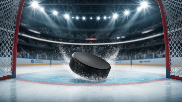 Action Shot of Hockey Puck in Goal Net with Copy-Space
