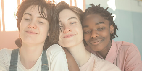 Fototapeta premium Close-up Photograph of Three Teenage Girls Embracing