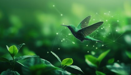 Digital Green Hummingbird Flying Above Lush Greenery and Leaves
