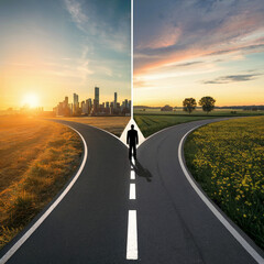 Decision time challenge at fork in the road or divisive choice and results at defining moment rural or city future prospects