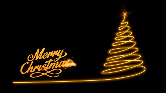 Animated drawing of golden "Merry Christmas" text with a glowing tree. Alpha channel.