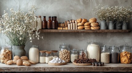 Rustic kitchen shelves with bread and dried flowers