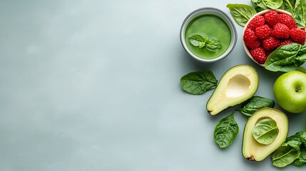 Healthy smoothie ingredients raspberries spinach avocado on light background