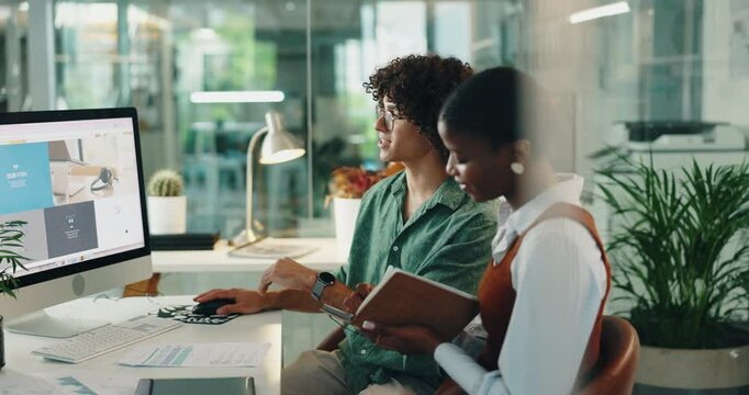 Business people, team and ux designer on computer for discussion or software development in creative startup. Collaboration, planning or developer on website for design, training or update with notes