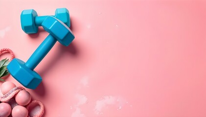 Blue dumbbells on pink background. Fitness and healthy lifestyle concept