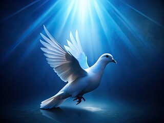 Serene dove silhouette, bathed in blue moonlight, a spiritual symbol of peace in the night sky.
