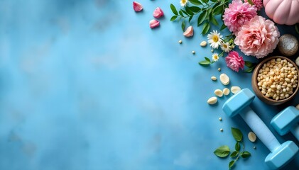 Healthy lifestyle concept. Dumbbells, fresh flowers and nuts on blue background