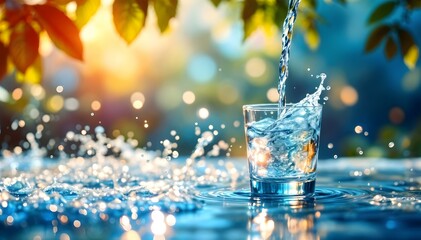 Pouring water into glass with ice cubes and splashes on blue background © Tahubulat
