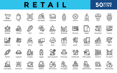 Retail icons set with shopping cart, bag, barcode, cash register, credit card, sale, discount, price tag, store, shop icon. Simple line vector 
