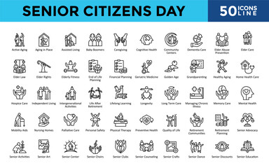 Senior Citizens Day icons set with active aging, aging in place, assisted living, baby boomers, caregiving, cognitive health, community centers, dementia care icon. Simple line vector 
