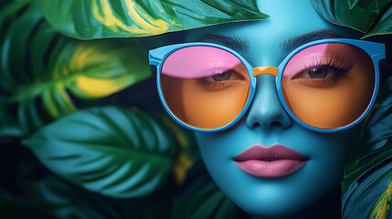 Vibrant portrait of a woman with colorful sunglasses and leaves