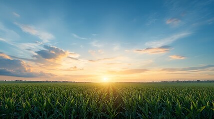 Nature photography sunrise over a colorful cornfield in a serene rural environment