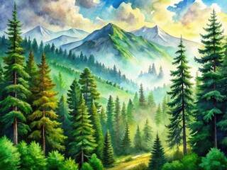 Fototapeta premium Serene watercolor landscape: mountains cradling a pine-filled forest, painted in vibrant greens.