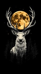 A majestic white deer with perfect antlers, on the mountain and the beautiful view of the full moon at night